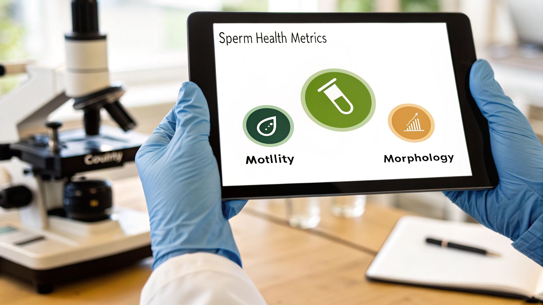 A gloved hand holds a tablet displaying sperm health metrics (motility, morphology) in a lab with a microscope.