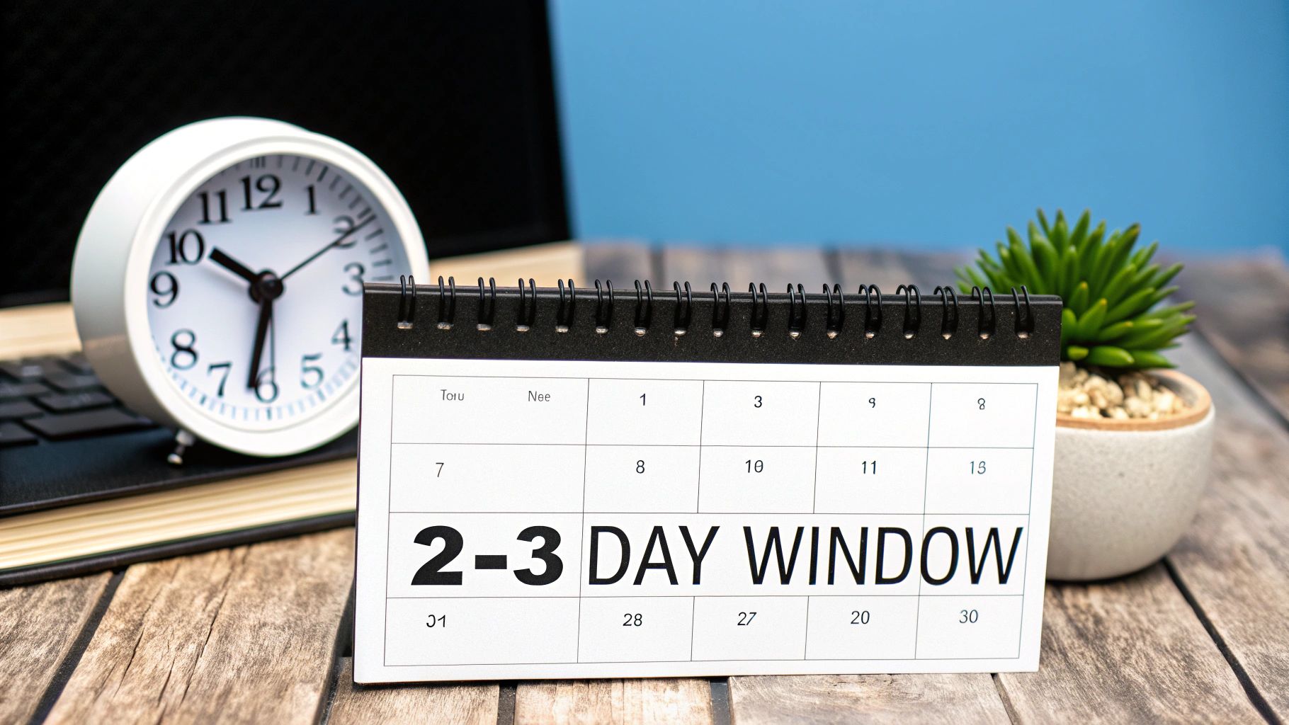 A desk setup with an alarm clock, a calendar showing '2-3 DAY WINDOW', and a small plant.