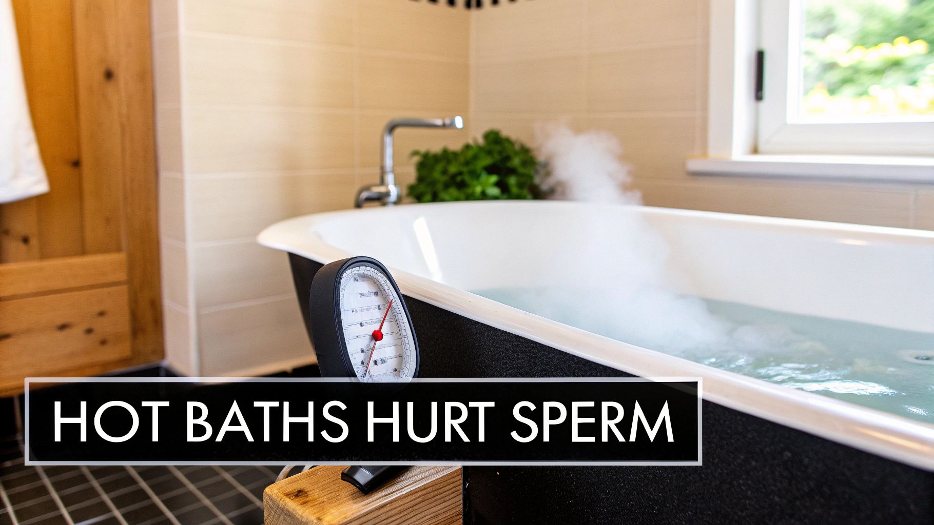 A steamy hot bath with a bath thermometer, emphasizing that hot baths hurt sperm.