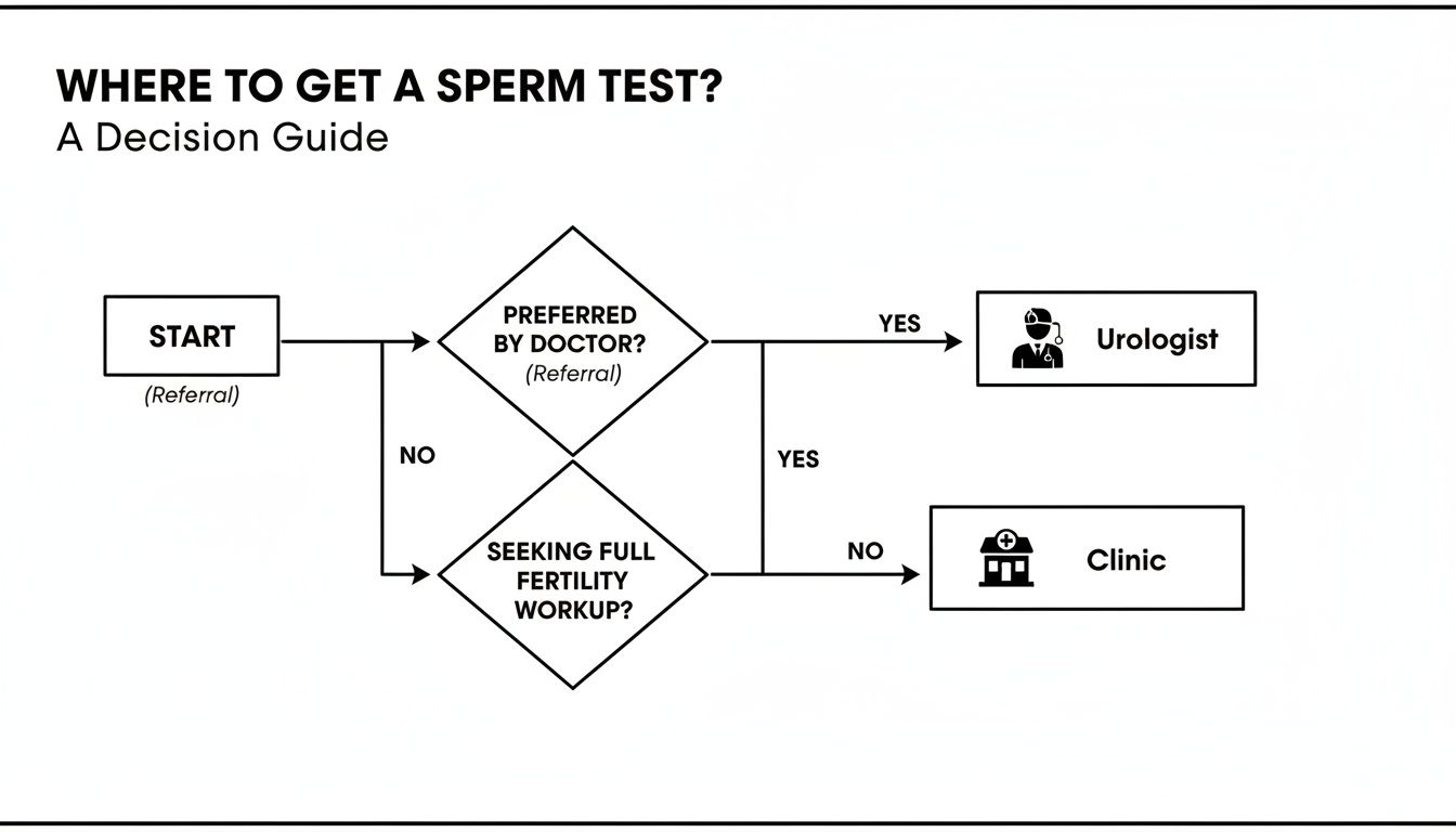 Flowchart decision guide for where to get a sperm test, based on doctor referral and fertility workup.