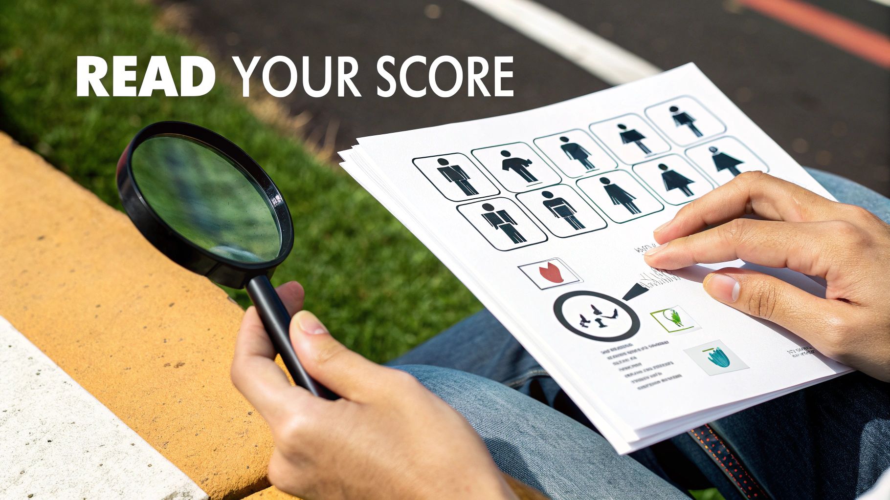 Person examining a document with various icons and 'READ YOUR SCORE' text using a magnifying glass.