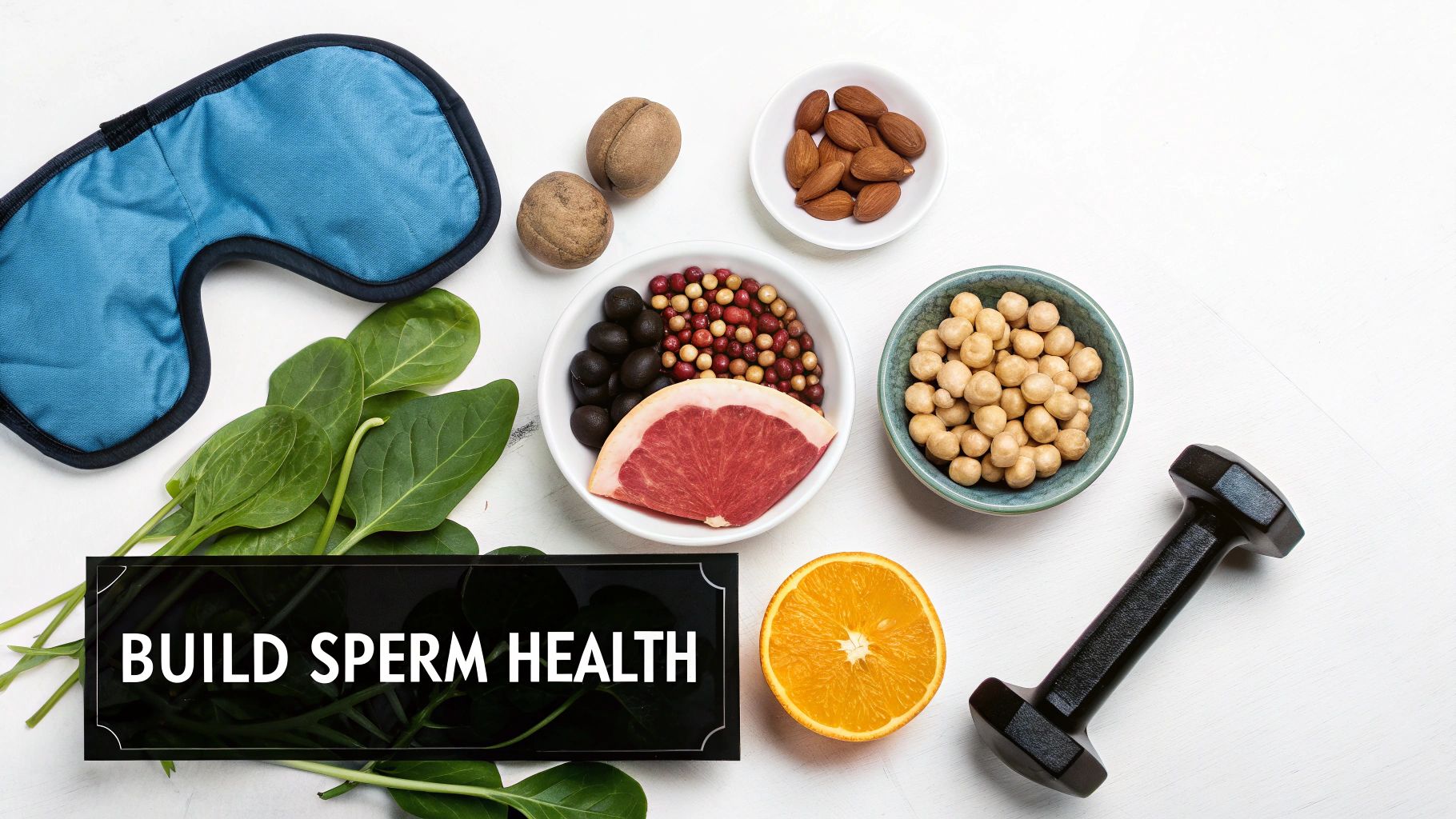 Healthy foods like nuts, spinach, and fruit with a sleep mask and dumbbell for sperm health.