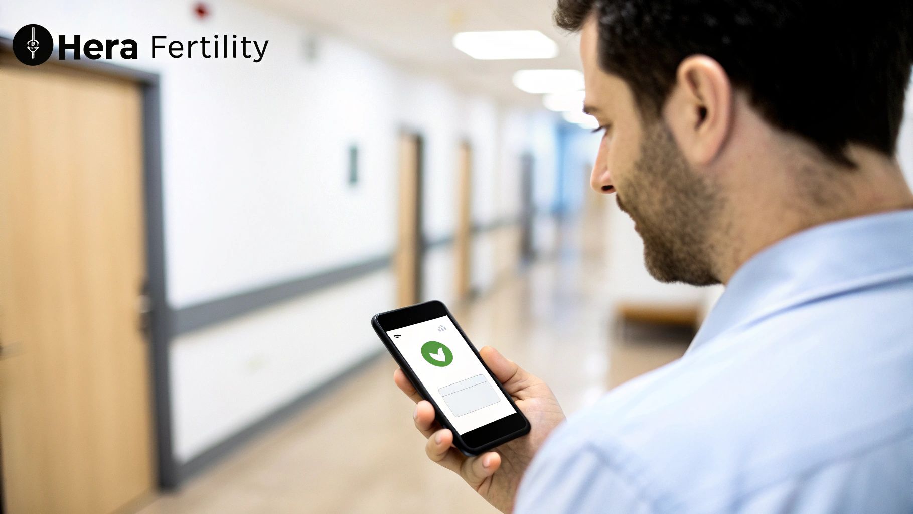 A man in a hospital hallway checks his phone displaying a Hera Fertility app with a green checkmark.