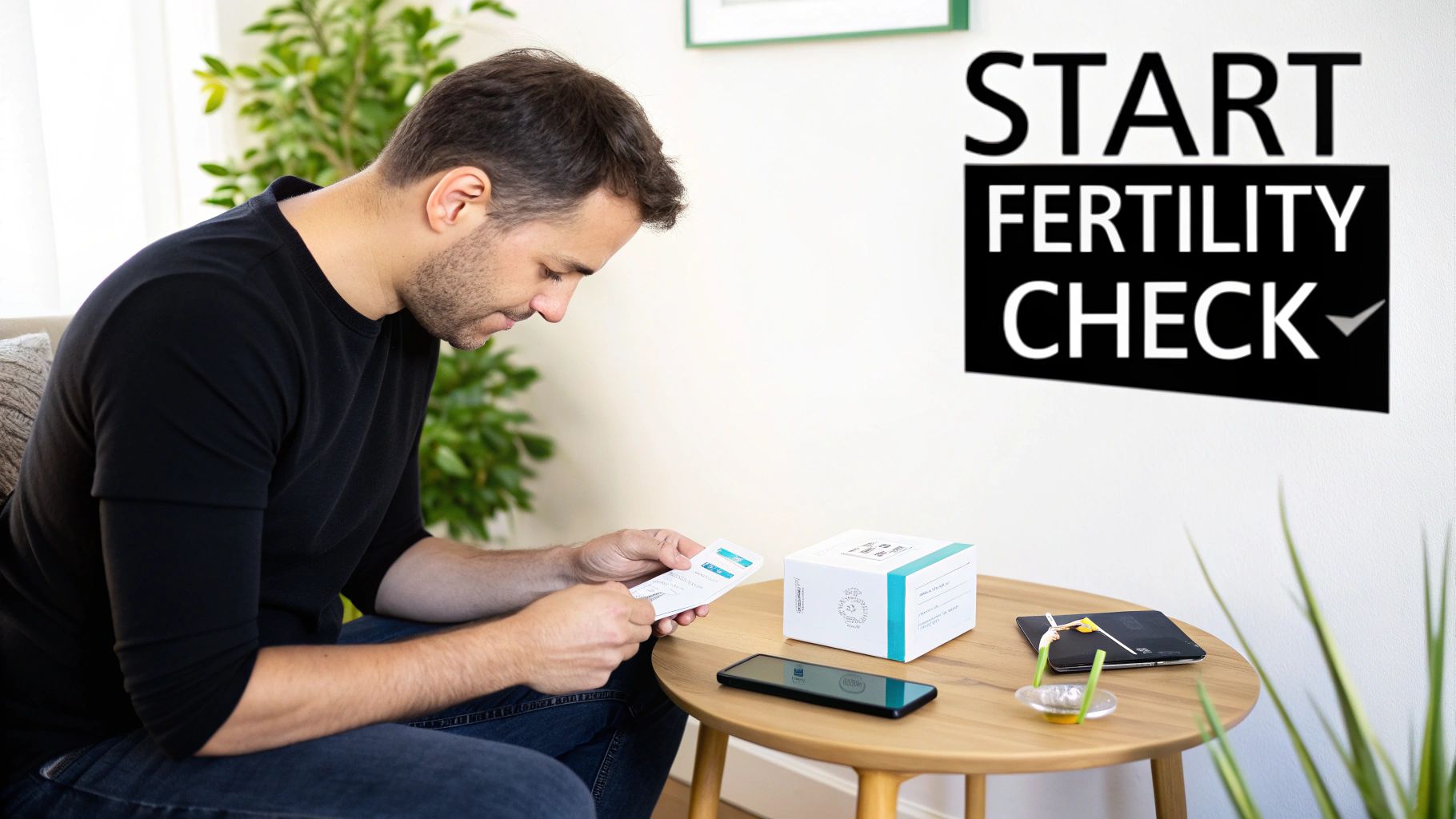 Man reviewing instructions for a home fertility check test kit on a wooden table.