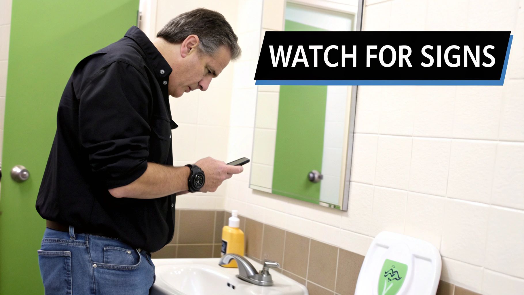 Man checking phone in a public restroom with a sink, mirror, and green stall door.