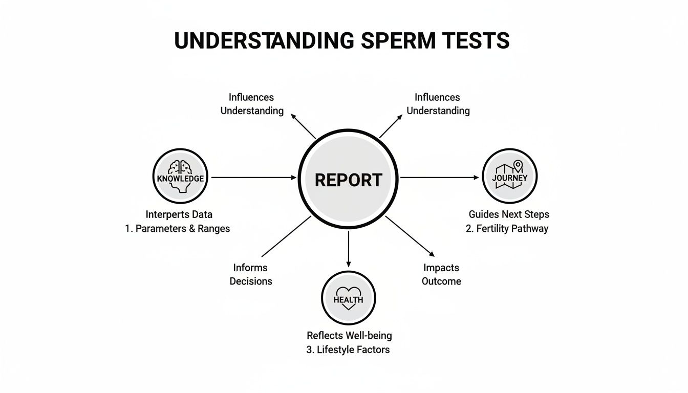 Diagram illustrating how a sperm test report is interpreted, influencing knowledge, health, and fertility journey.