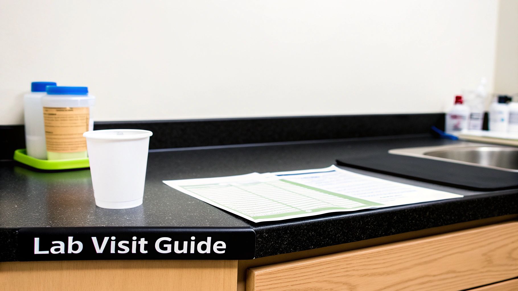 A clean lab counter with a white cup, containers, documents, and a