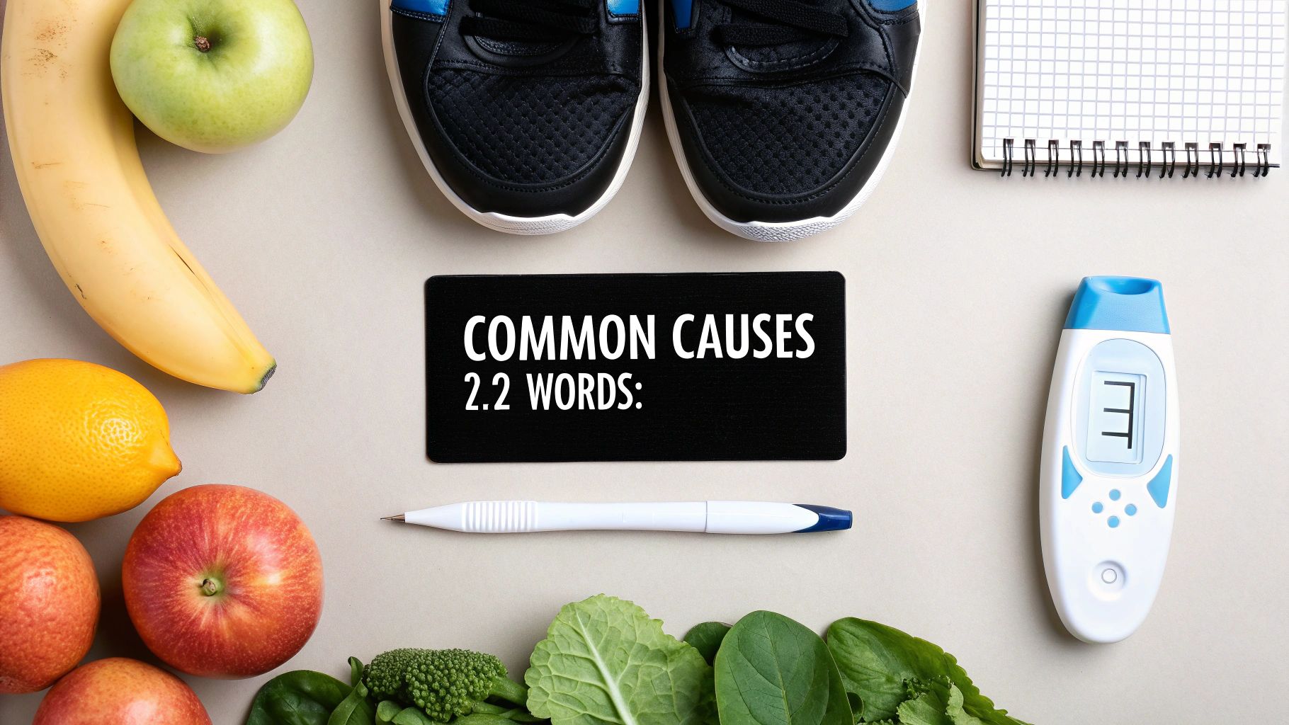 Flat lay of healthy foods like fruits and vegetables, sneakers, a thermometer, and a sign with text.