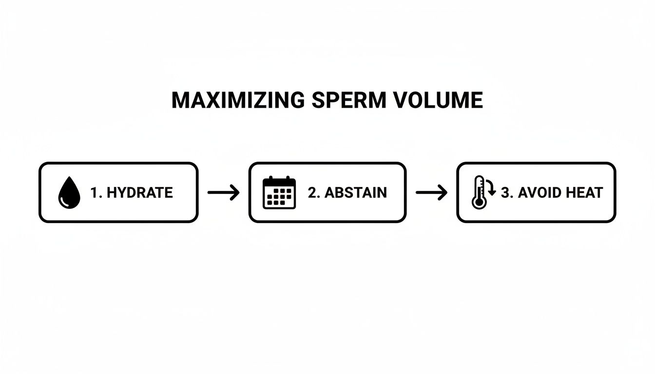 Infographic detailing three key steps to maximize sperm volume: hydrate, abstain, and avoid heat.
