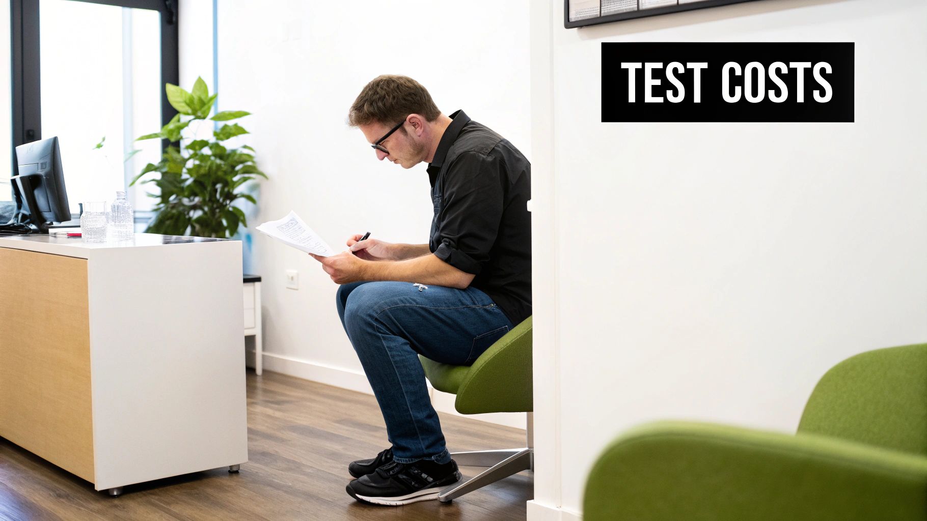 A man in glasses sits on a green chair, filling out a document with a pen, with a 'TEST COSTS' sign visible.