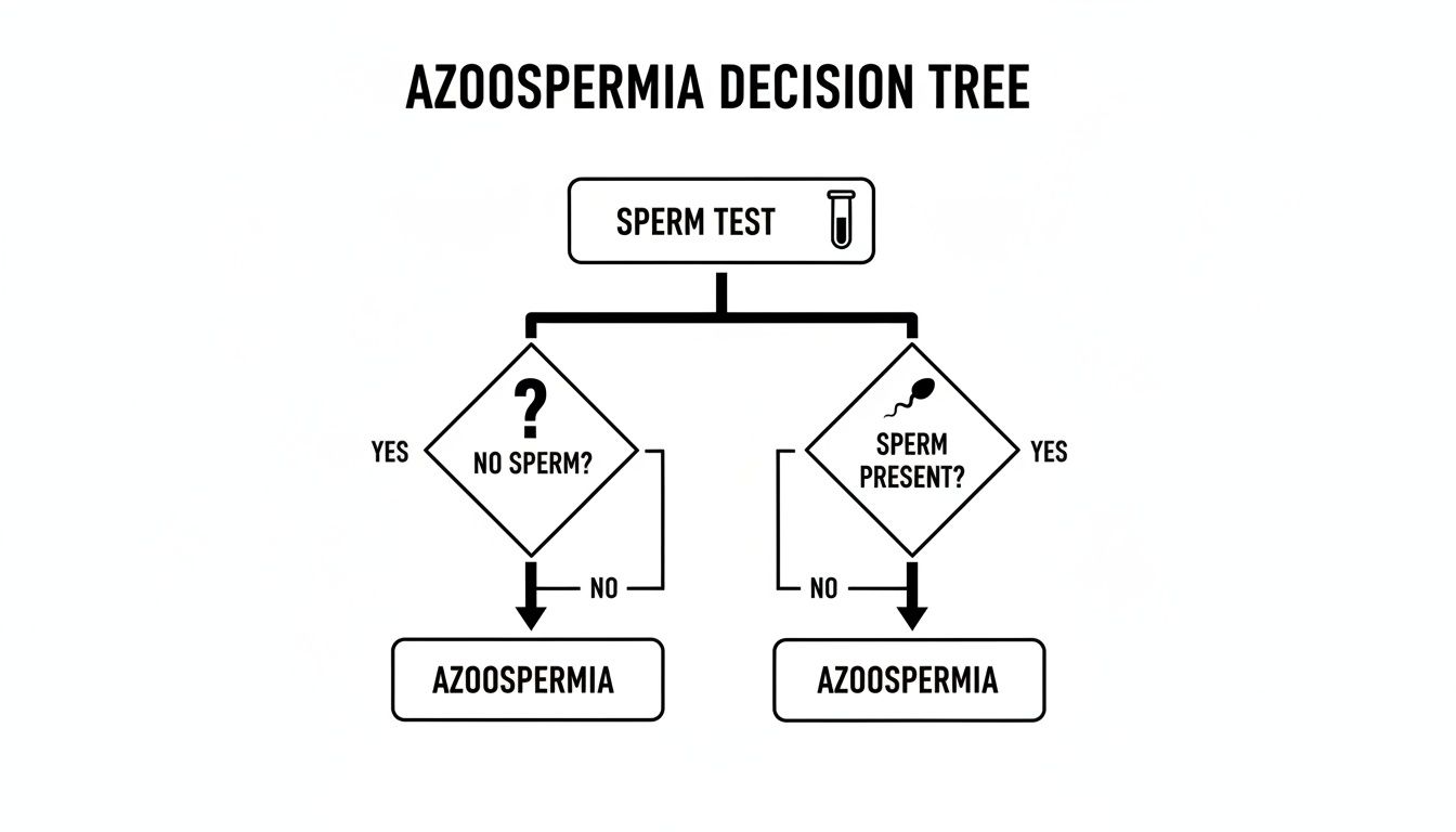A flowchart titled 'Azoospermia Decision Tree' shows paths from a sperm test to azoospermia diagnosis.
