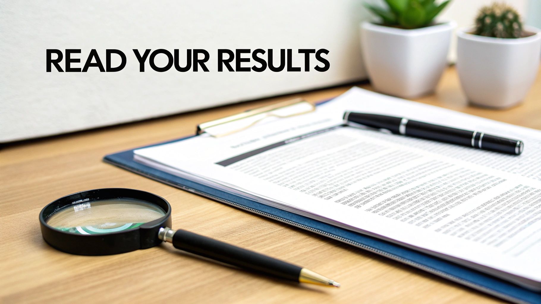 A desk with documents on a clipboard, a pen, a magnifying glass, and text 'READ YOUR RESULTS'.