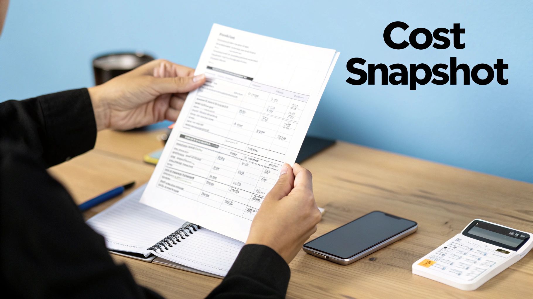 A person reviews a cost snapshot document, with a calculator and smartphone on a wooden desk.