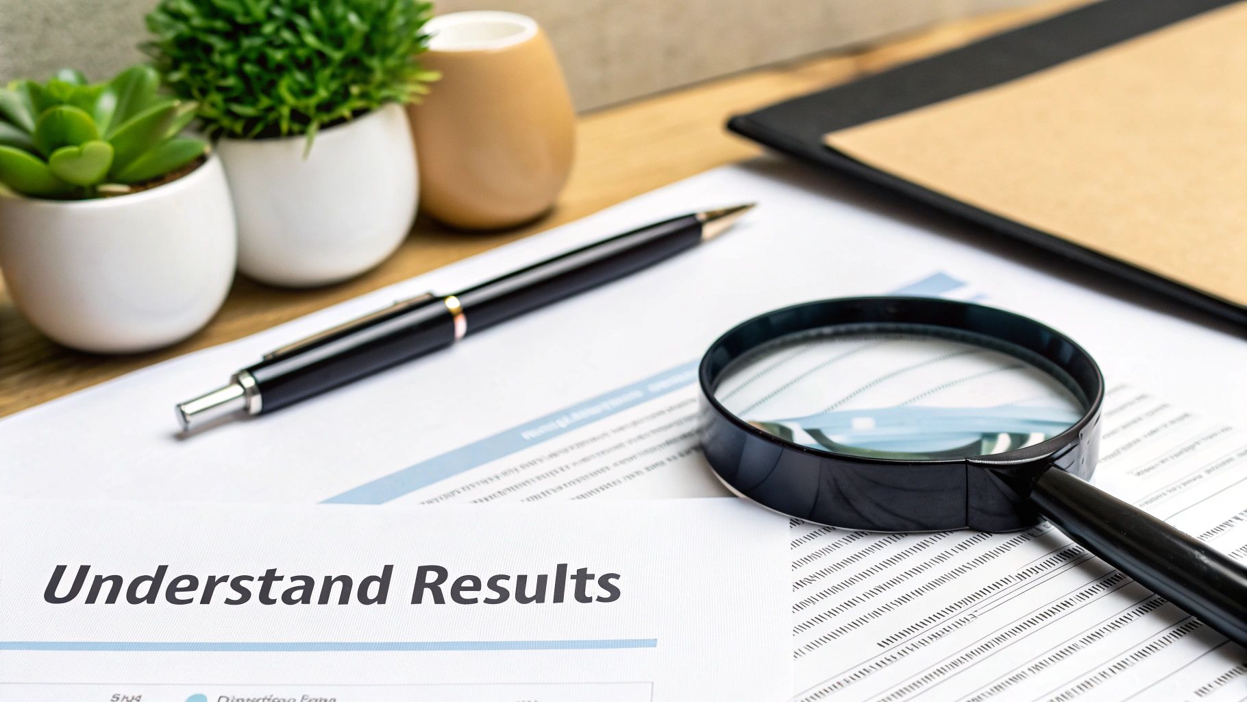 A magnifying glass and pen on a document with the text 'Understand Results', next to potted plants.