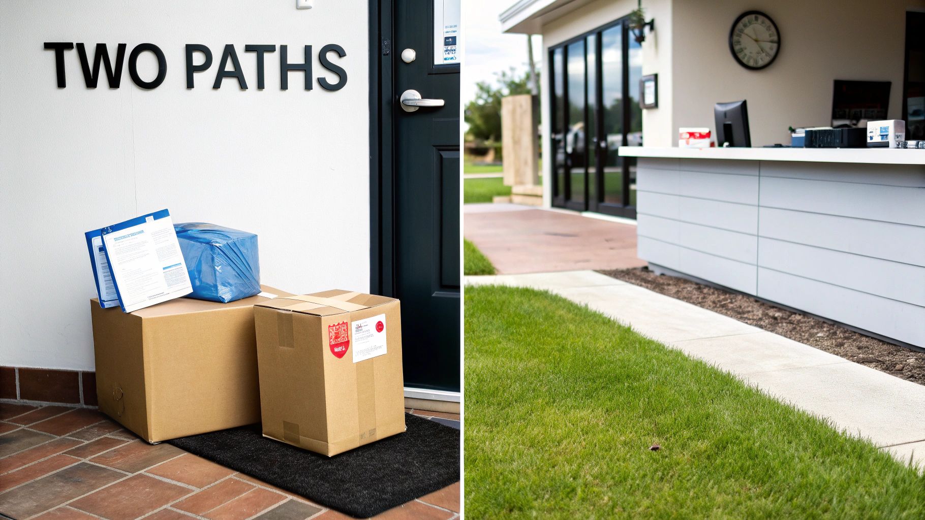 Two distinct paths shown side-by-side: a doorstep with delivery boxes and a reception area with a grassy path.