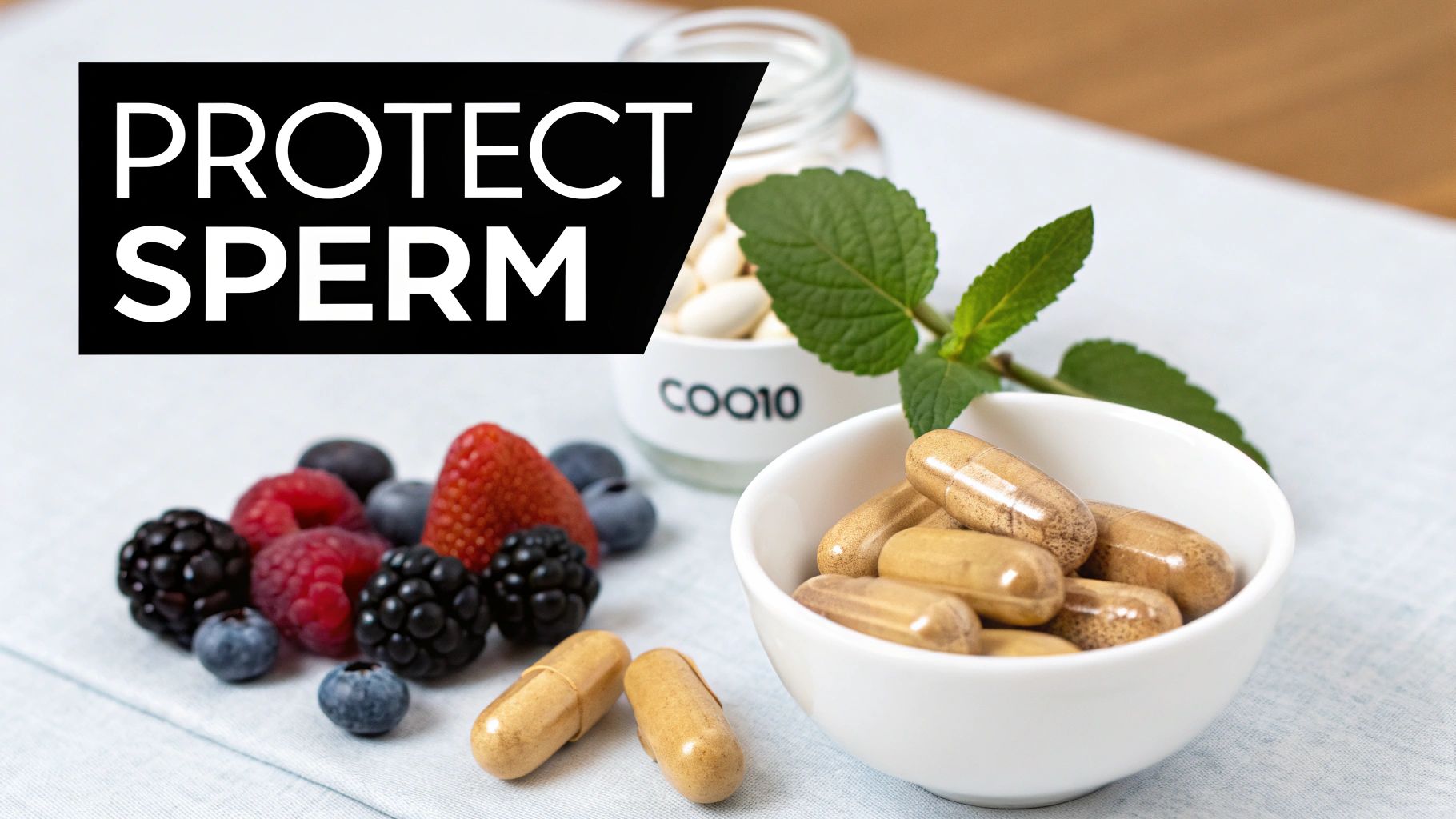 Supplements like CoQ10 and various fresh berries on a table, promoting sperm health and male fertility.