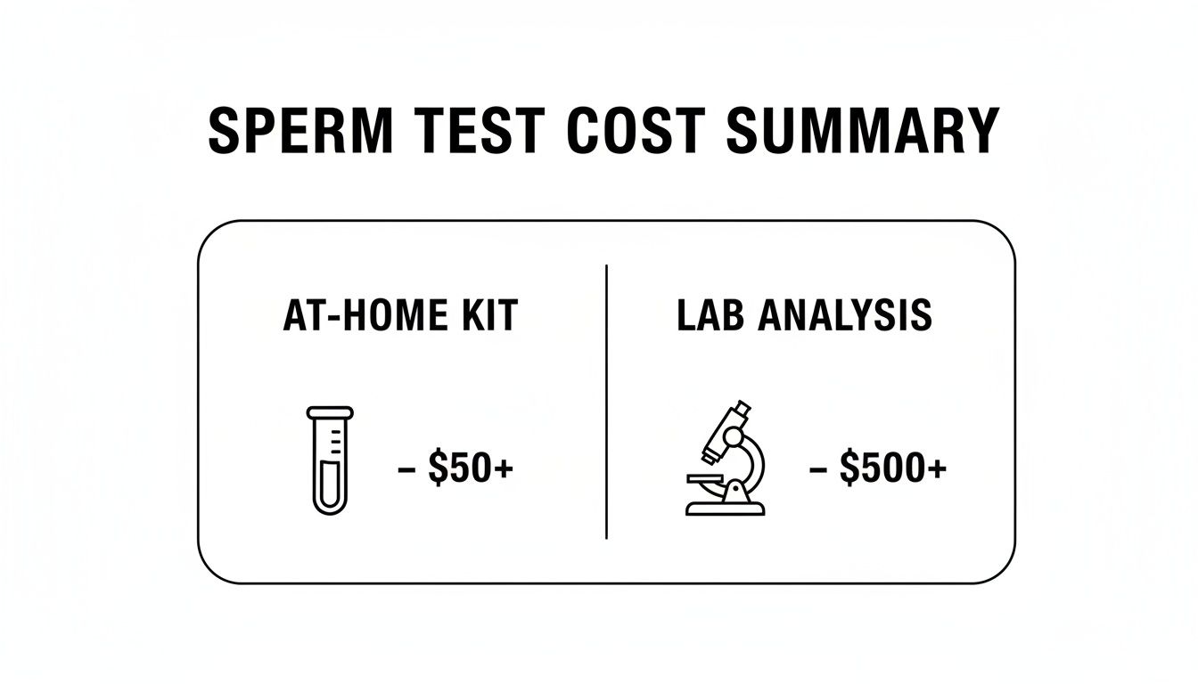 A sperm test cost summary showing an at-home kit for $50+ and lab analysis for $500+.