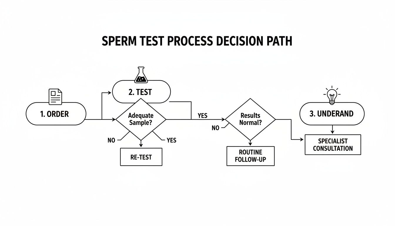 A detailed flowchart illustrating the sperm test process, from ordering to understanding results and follow-up actions.