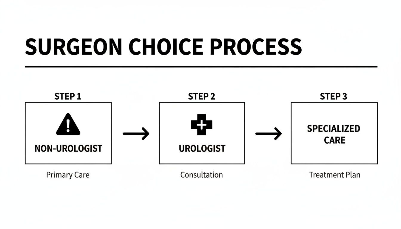 Flowchart illustrating the surgeon choice process: non-urologist primary care, urologist consultation, then specialized care.