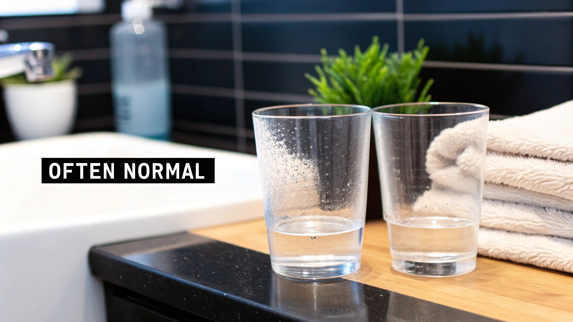 Two glasses of water on a bathroom counter, one with visible residue, featuring 'OFTEN NORMAL' text.