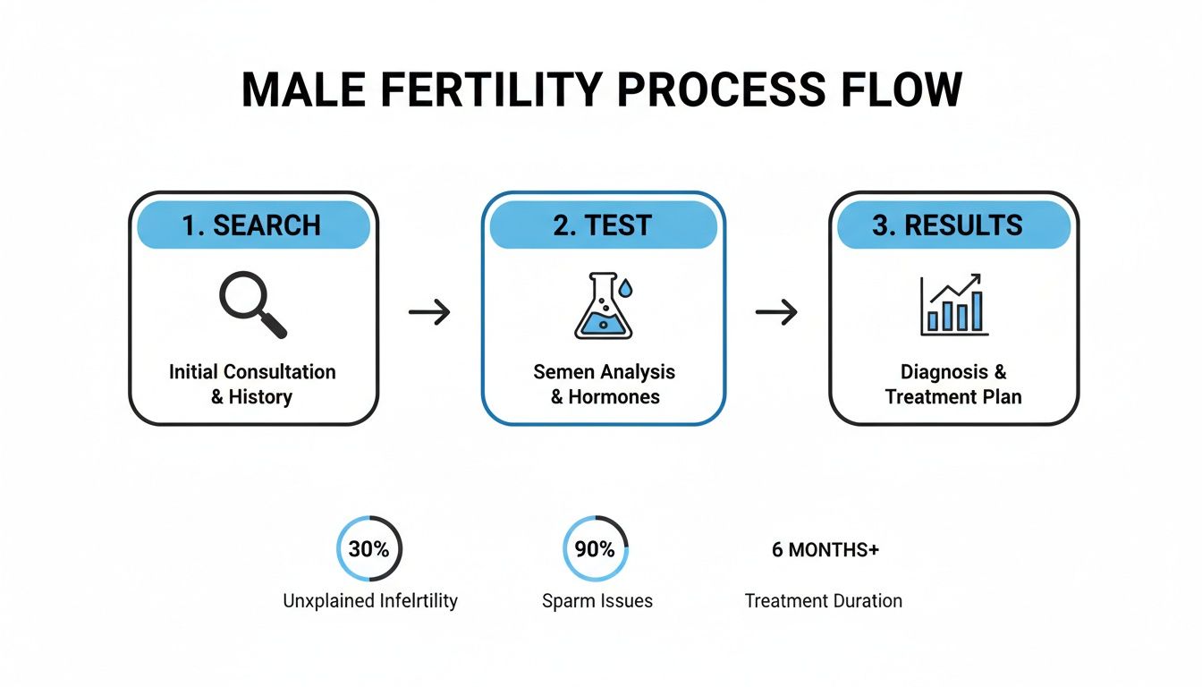 A flow chart illustrating the male fertility process: initial consultation, semen analysis, diagnosis, and treatment plan with statistics.