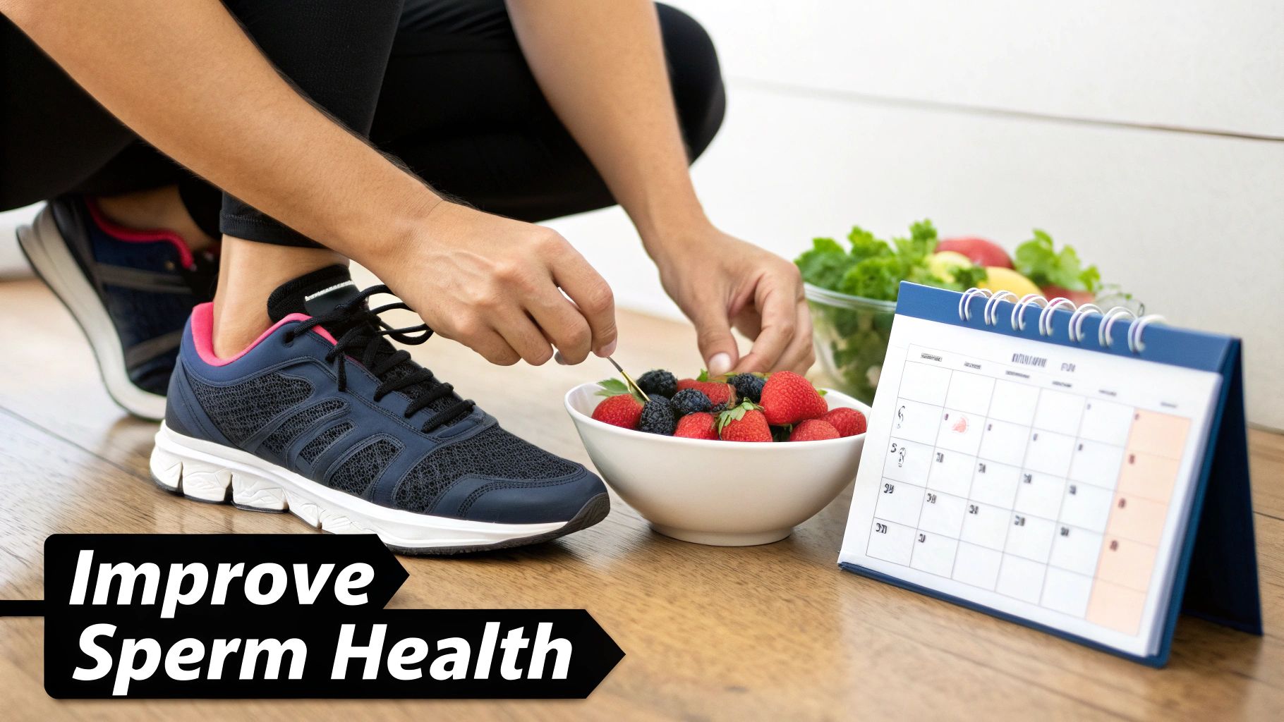 Person ties athletic shoe next to berries, salad, and a calendar, with text 'Improve Sperm Health'.