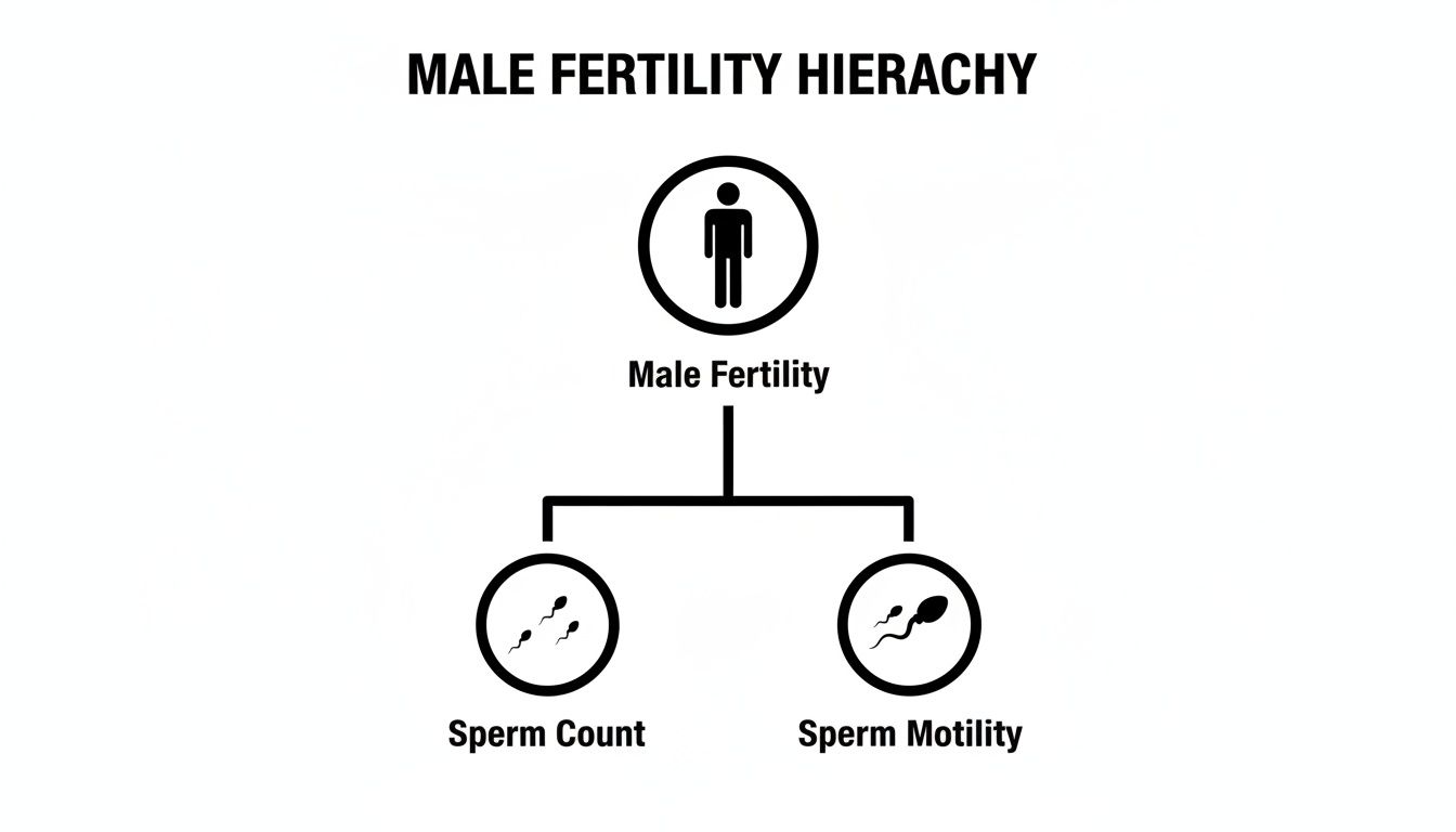 A diagram illustrates the male fertility hierarchy, detailing male fertility, sperm count, and sperm motility.