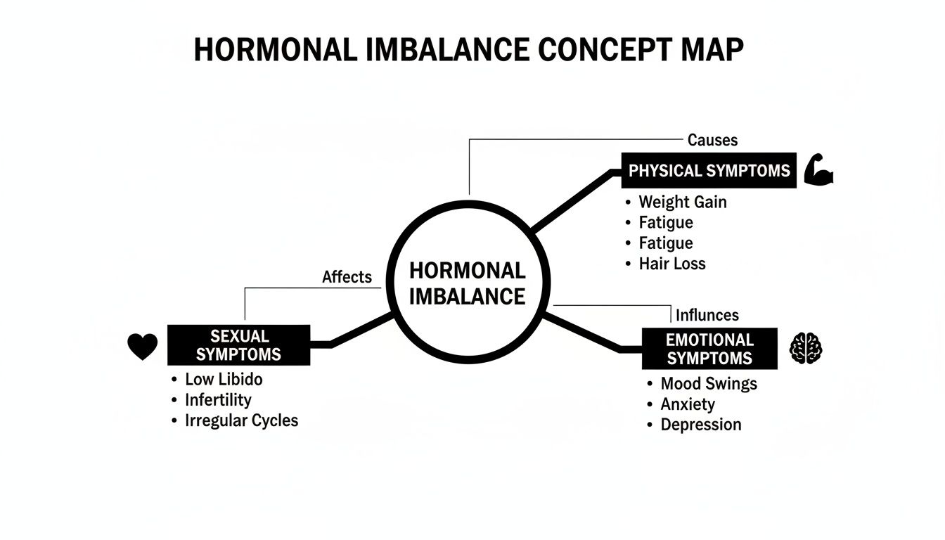 A concept map illustrating hormonal imbalance and its physical, sexual, and emotional symptoms.