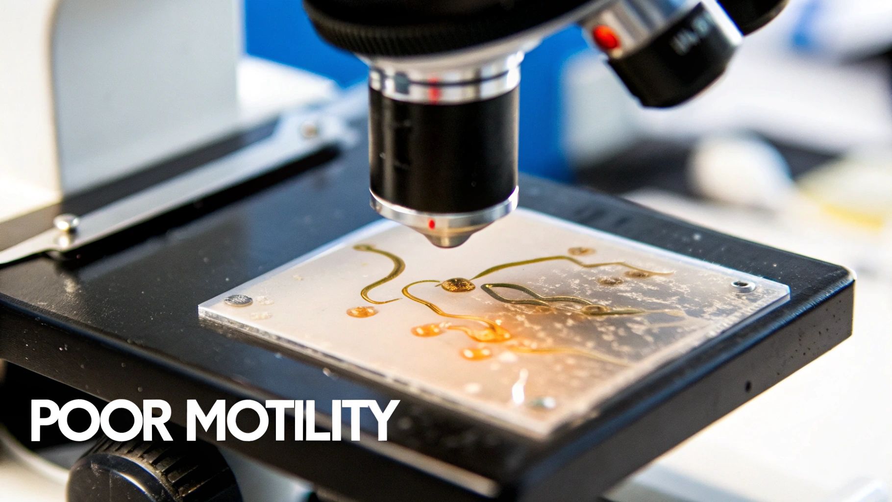 A microscope objective lens focusing on a slide with fluid samples, displaying worm-like structures and text 'POOR MOTILITY'.