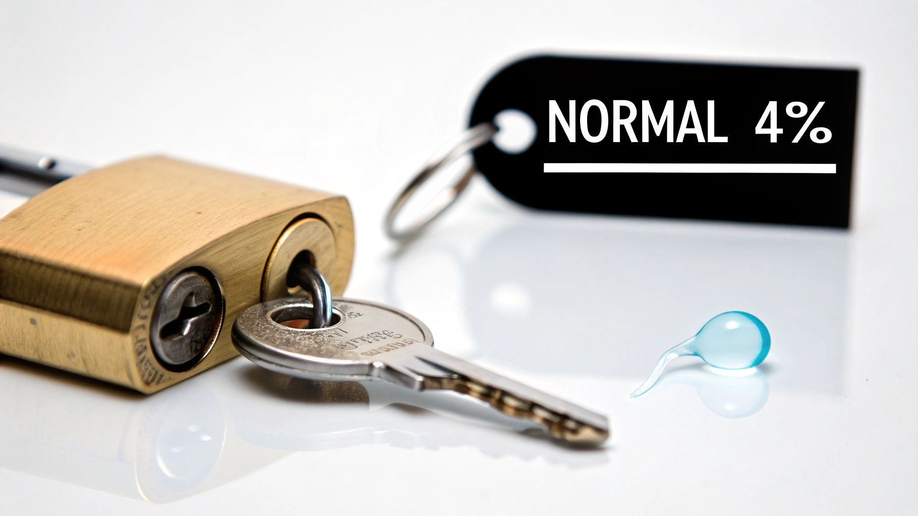 A brass padlock with a key, a keychain saying 'NORMAL 4%', and a blue sperm shape.