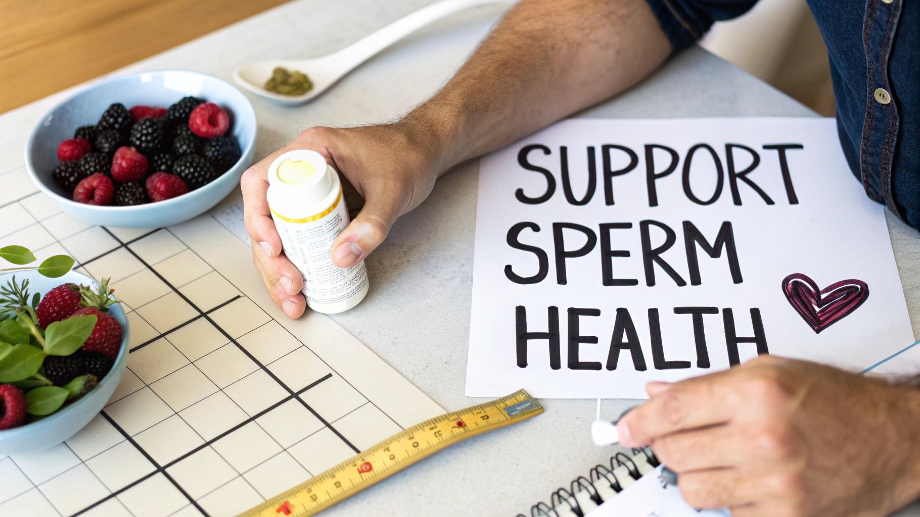 A man holds a supplement bottle next to a sign reading 'Support Sperm Health' with fresh berries.