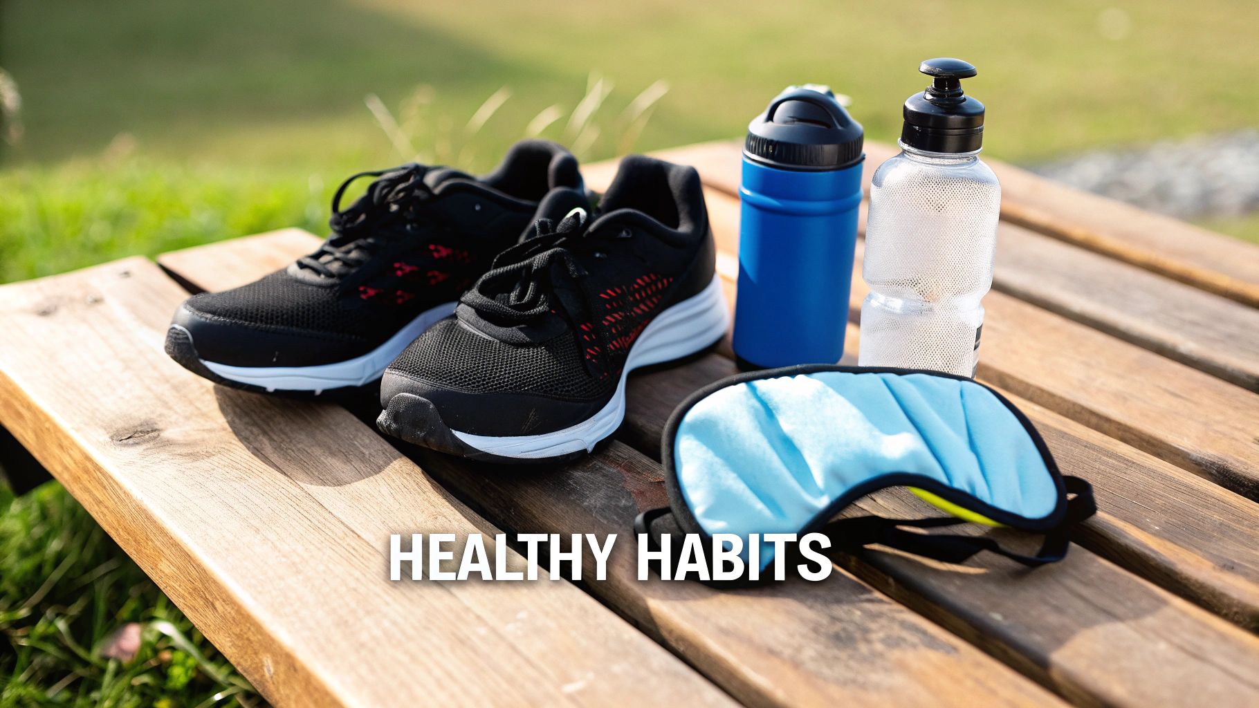 Running shoes, water bottles, and a blue sleep mask on a wooden bench, representing healthy habits.