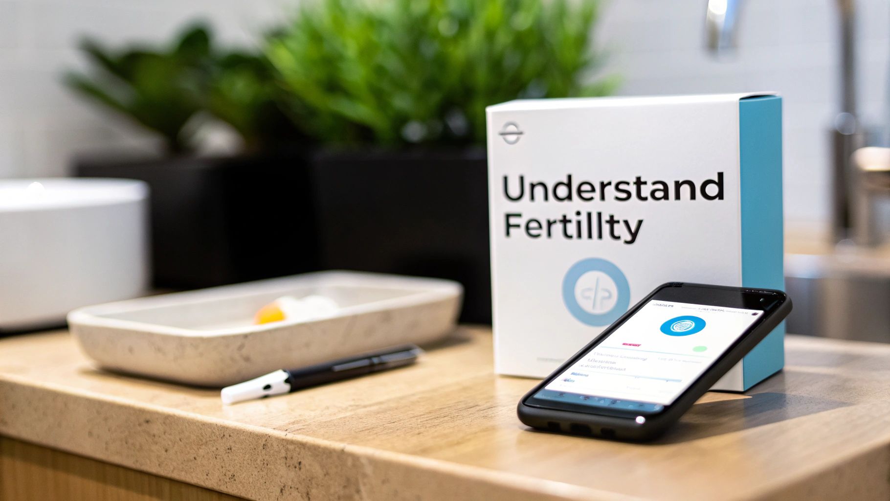 A home fertility test kit box, smartphone app, and testing device on a kitchen counter.