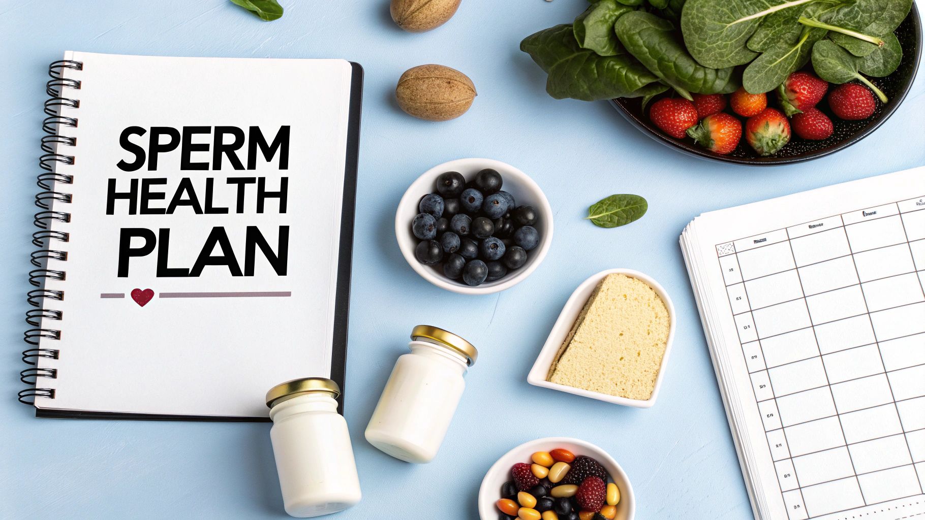 Notebook 'Sperm Health Plan' with healthy foods like berries, spinach, and nuts, plus supplement bottles.