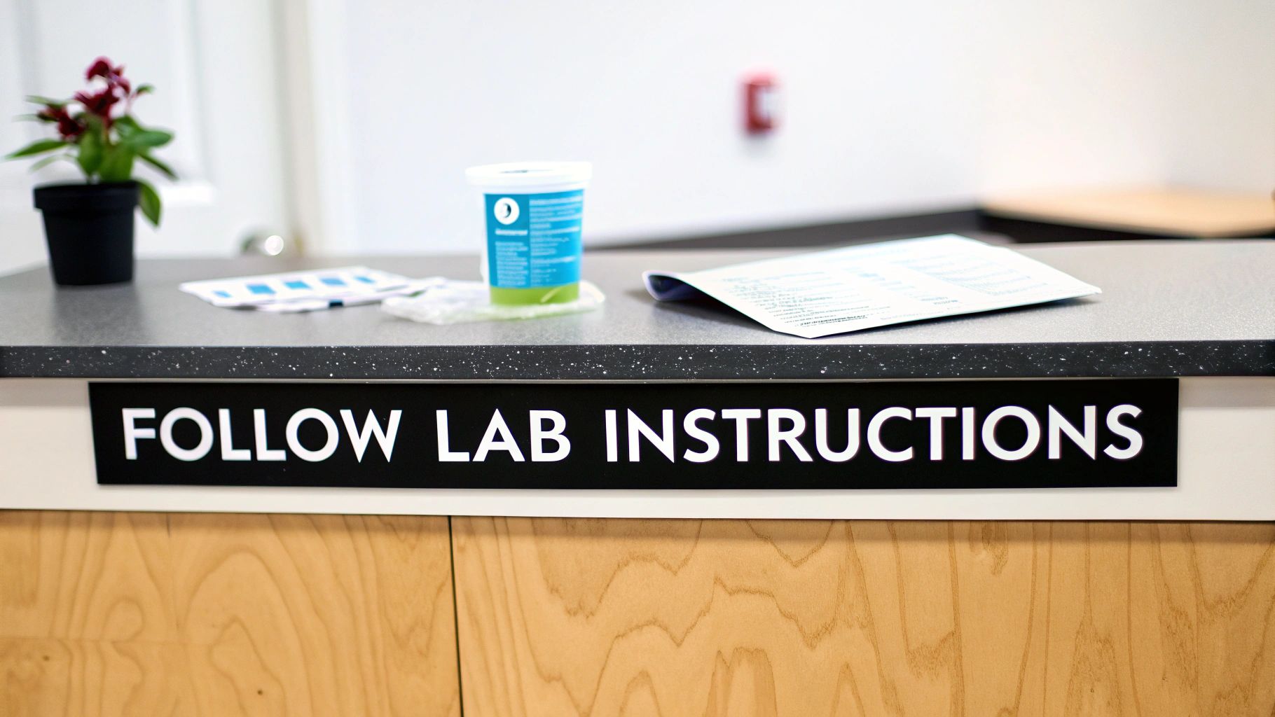 Medical lab counter with a 'FOLLOW LAB INSTRUCTIONS' sign, sample cup, and papers.
