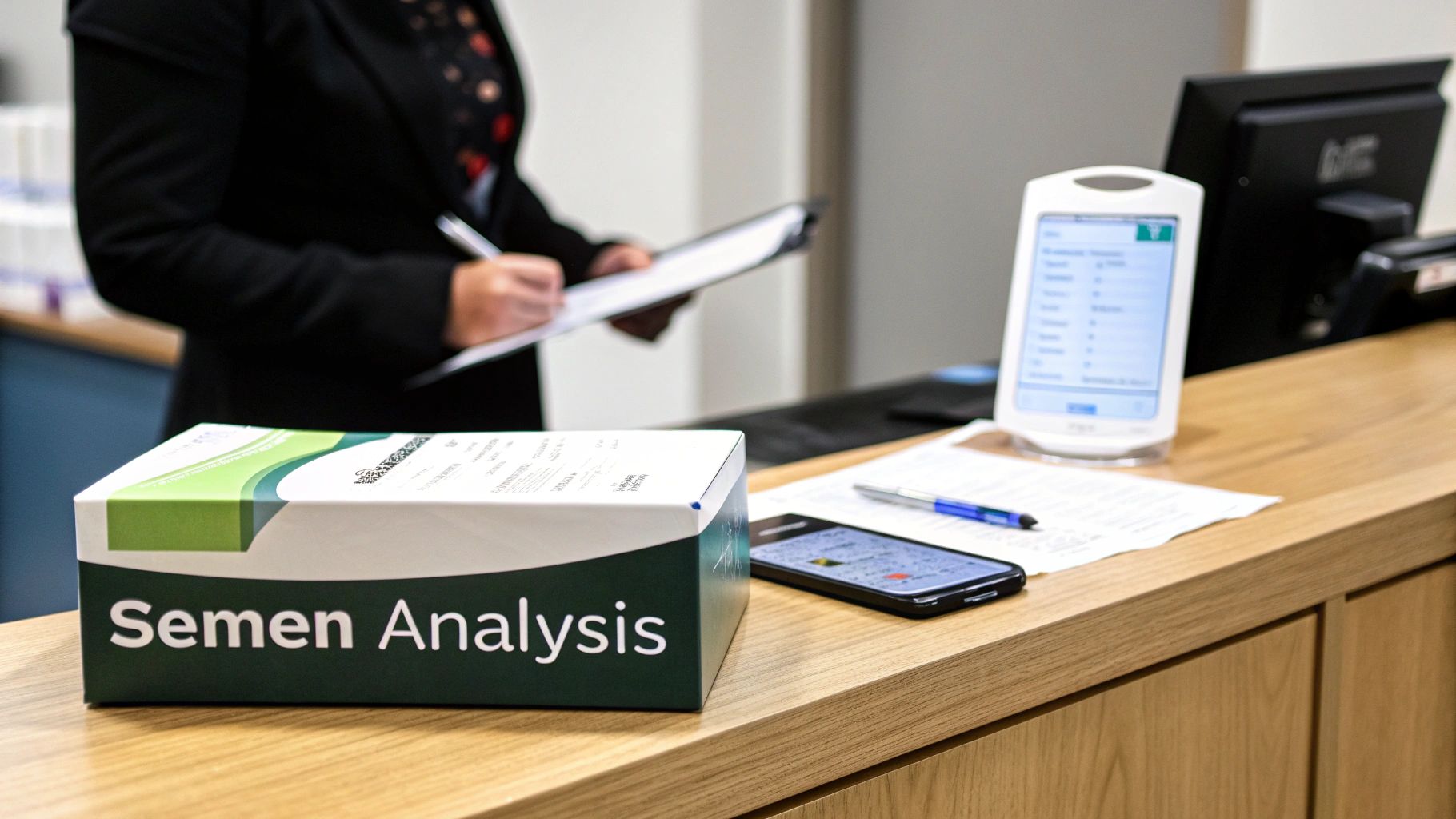 A 'Semen Analysis' box and medical items on a counter, with a clinic staff member in the background.