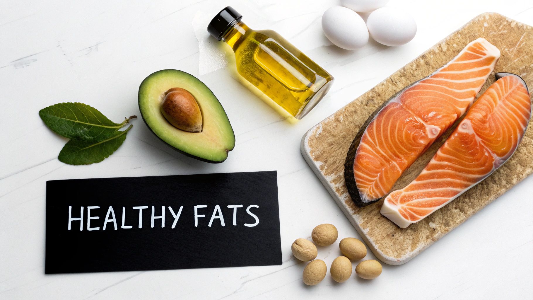 An overhead shot of healthy fats including avocado, salmon, eggs, olive oil, and nuts.
