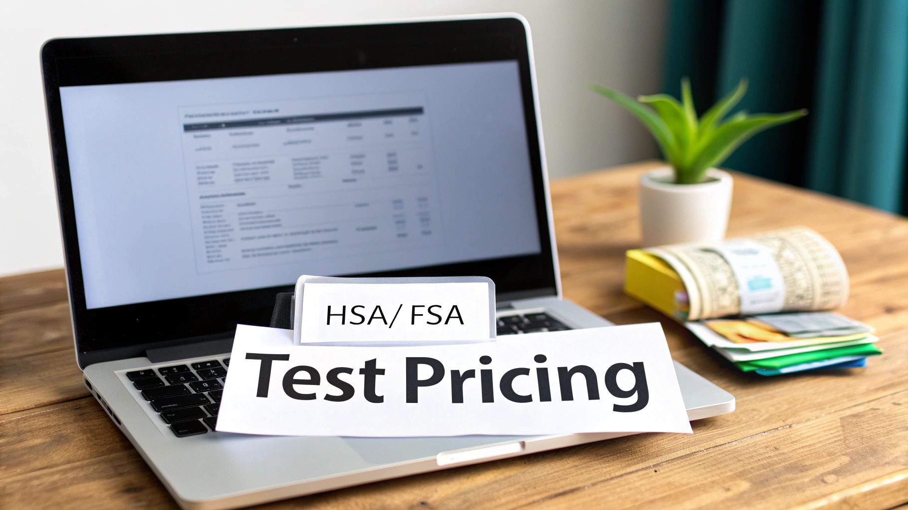 A laptop on a wooden desk with papers showing 'HSA/FSA' and 'Test Pricing'.