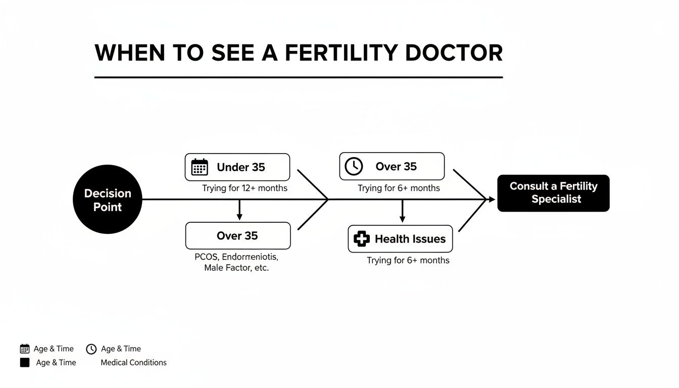 Flowchart outlining when to consult a fertility doctor based on age and conception attempts.