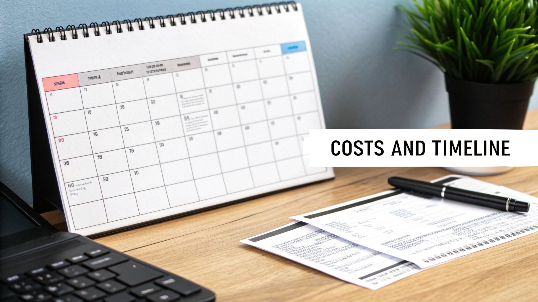A desk with a calendar, documents, a pen, and a banner displaying 'Costs and Timeline'.