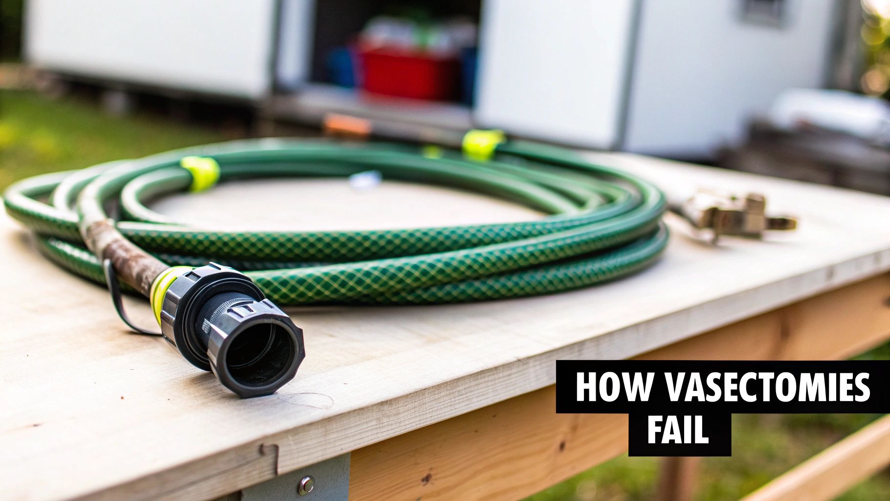 A coiled green garden hose with a nozzle rests on a wooden table outdoors, symbolizing 'How Vasectomies Fail'.