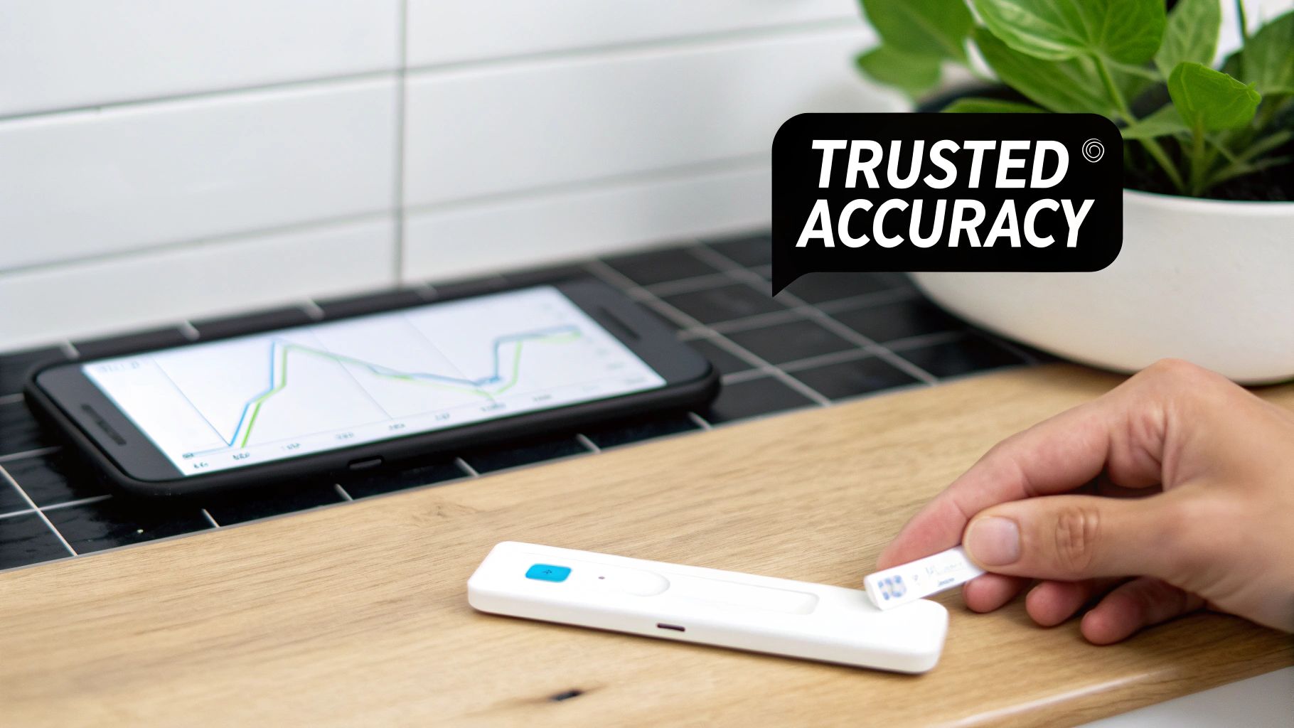 A hand inserts a test strip into a white at-home testing device, with a phone showing data graph and 'Trusted Accuracy' text.