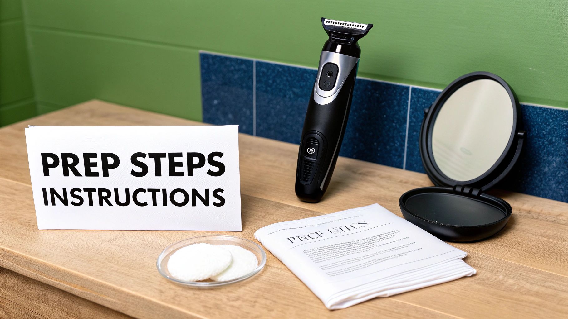 A personal grooming kit including a trimmer, mirror, cotton pads, and prep instructions on a wooden surface.