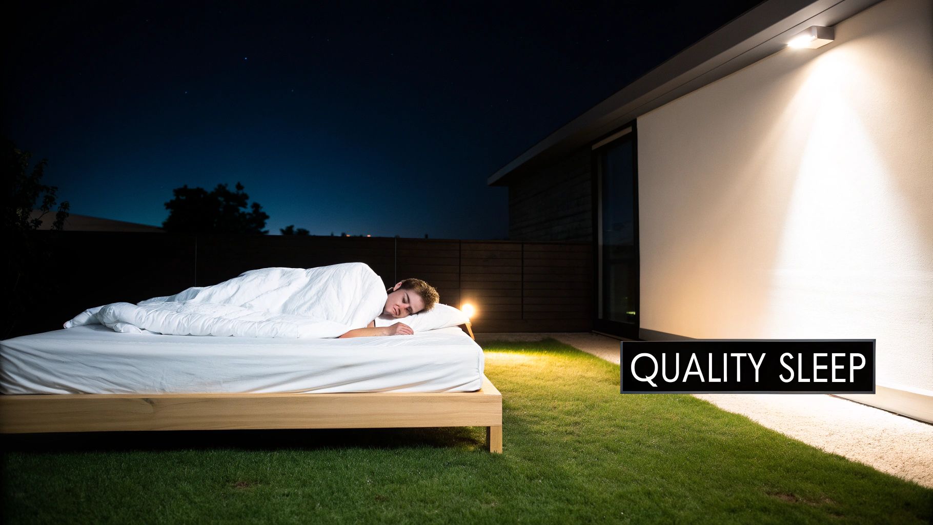 A person sleeps soundly on a comfortable bed outdoors at night under a clear sky.