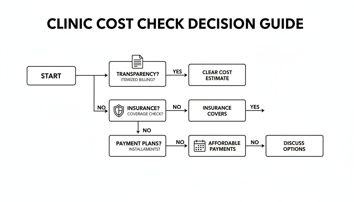 Flowchart decision guide for clinic cost checks, covering transparency, insurance, and payment options for patients.