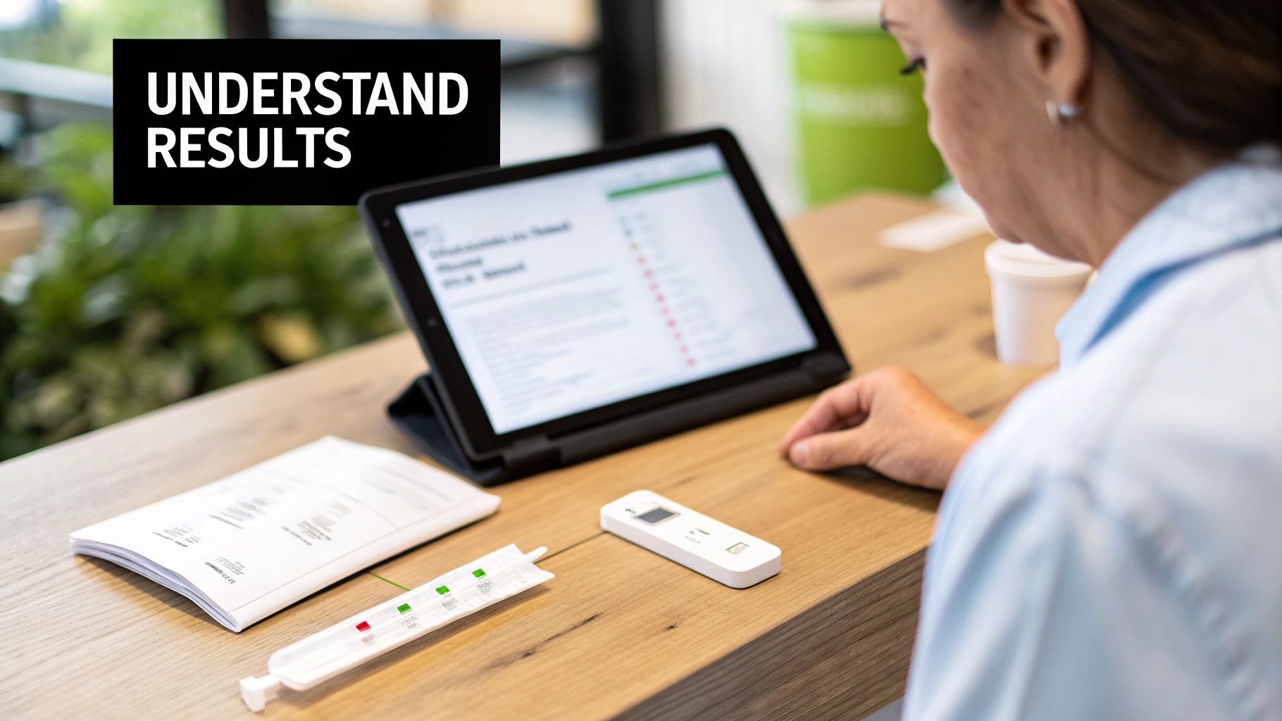 Person analyzing personal health test results displayed on a tablet, with the test kit on a wooden table.