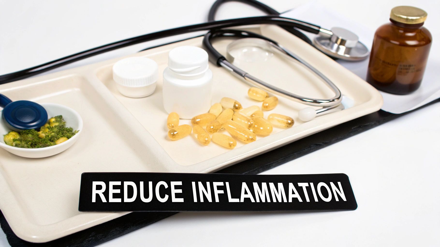 Medical tray with a stethoscope, supplements, and green herbs, featuring a prominent sign that says 'REDUCE INFLAMMATION'.