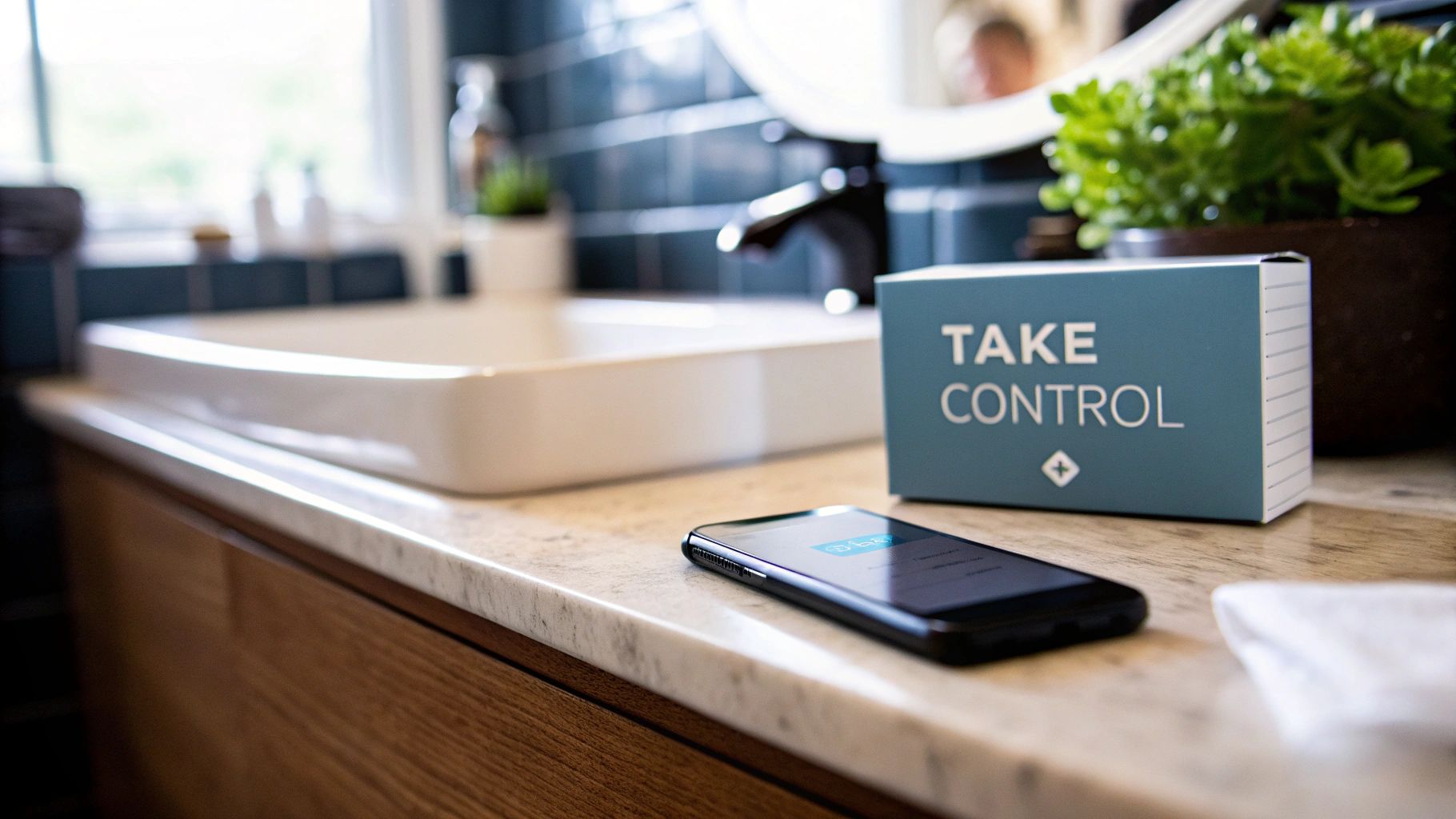 A smartphone and a 'TA-KE CONTROL' box sitting on a bathroom counter next to a sink.