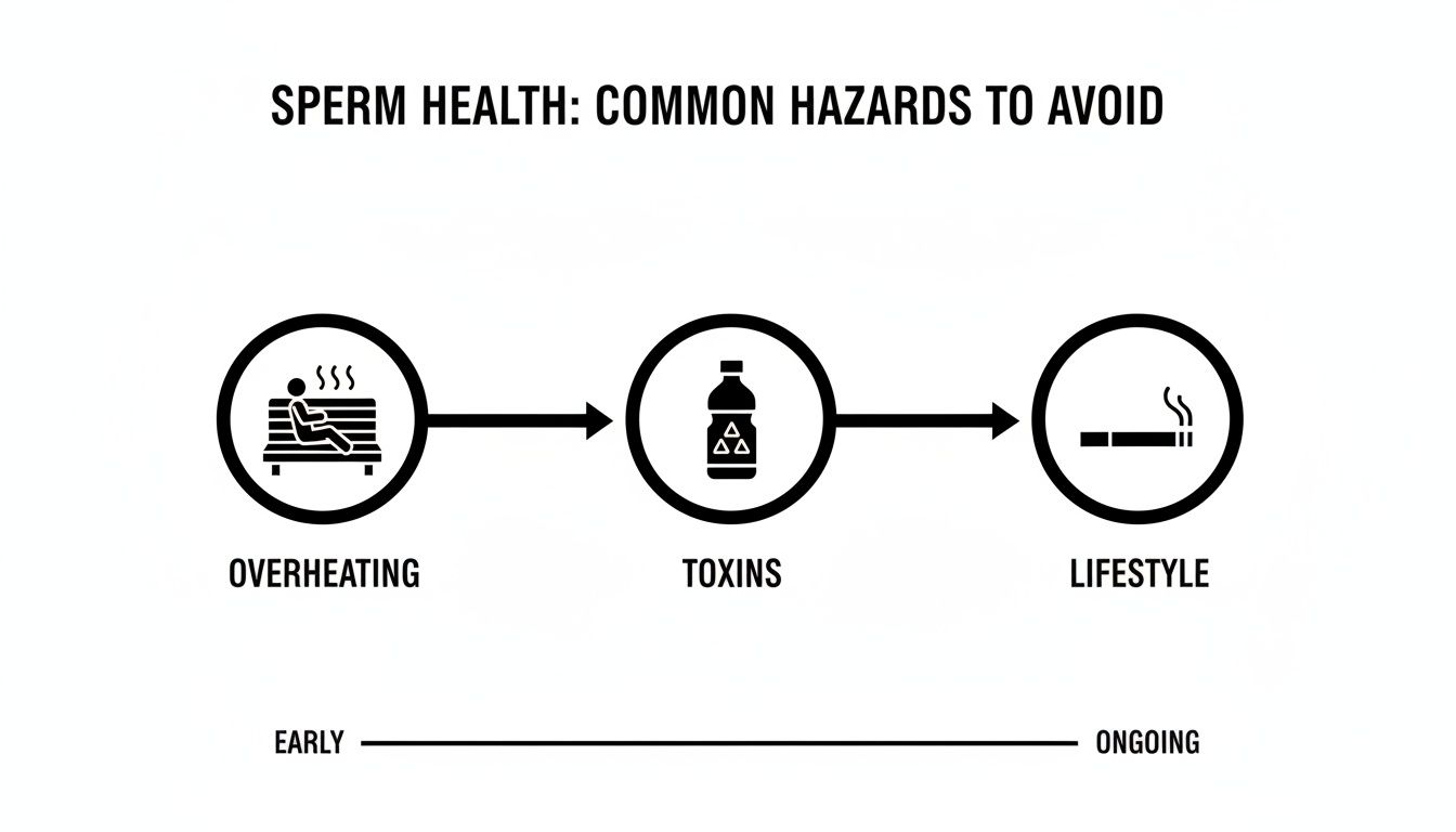 Infographic outlining three common hazards to avoid for optimal sperm health: overheating, toxins, and lifestyle.
