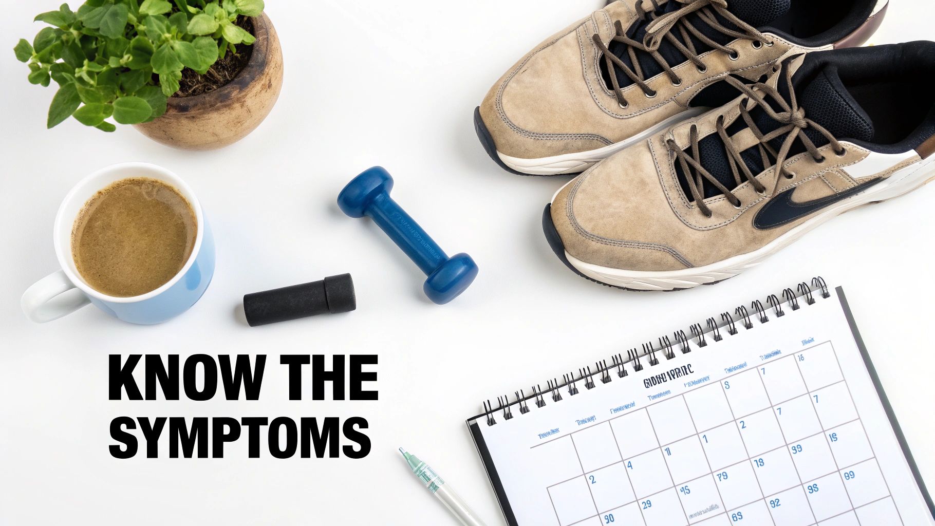 Flat lay of a plant, coffee, dumbbell, sneakers, calendar, and text 'KNOW THE SYMPTOMS' on a white background.